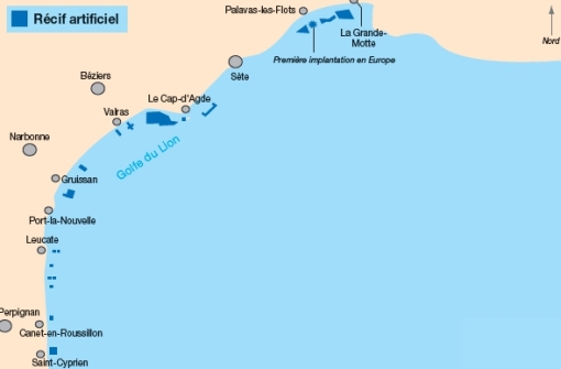 Un récif artificiel immergé au large du Cap d'Agde, des rochers